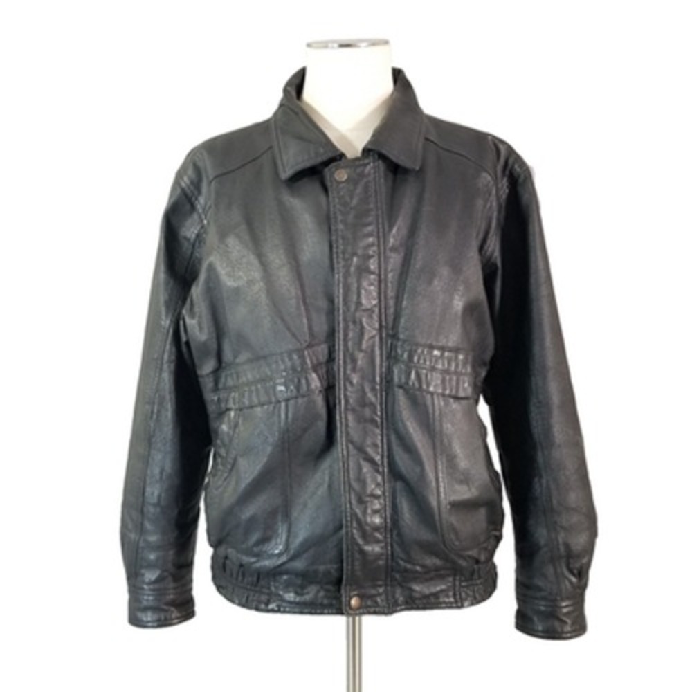 Expressions Bomber Jacket Men Large Black Leather Retro Insulated Full Zip Coat